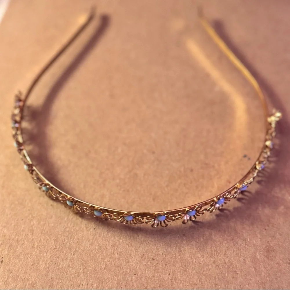 FREE🌟Vtg Fairy Headband Daisy Floral Turquoise Pale Blue Gold Metal Hair Band